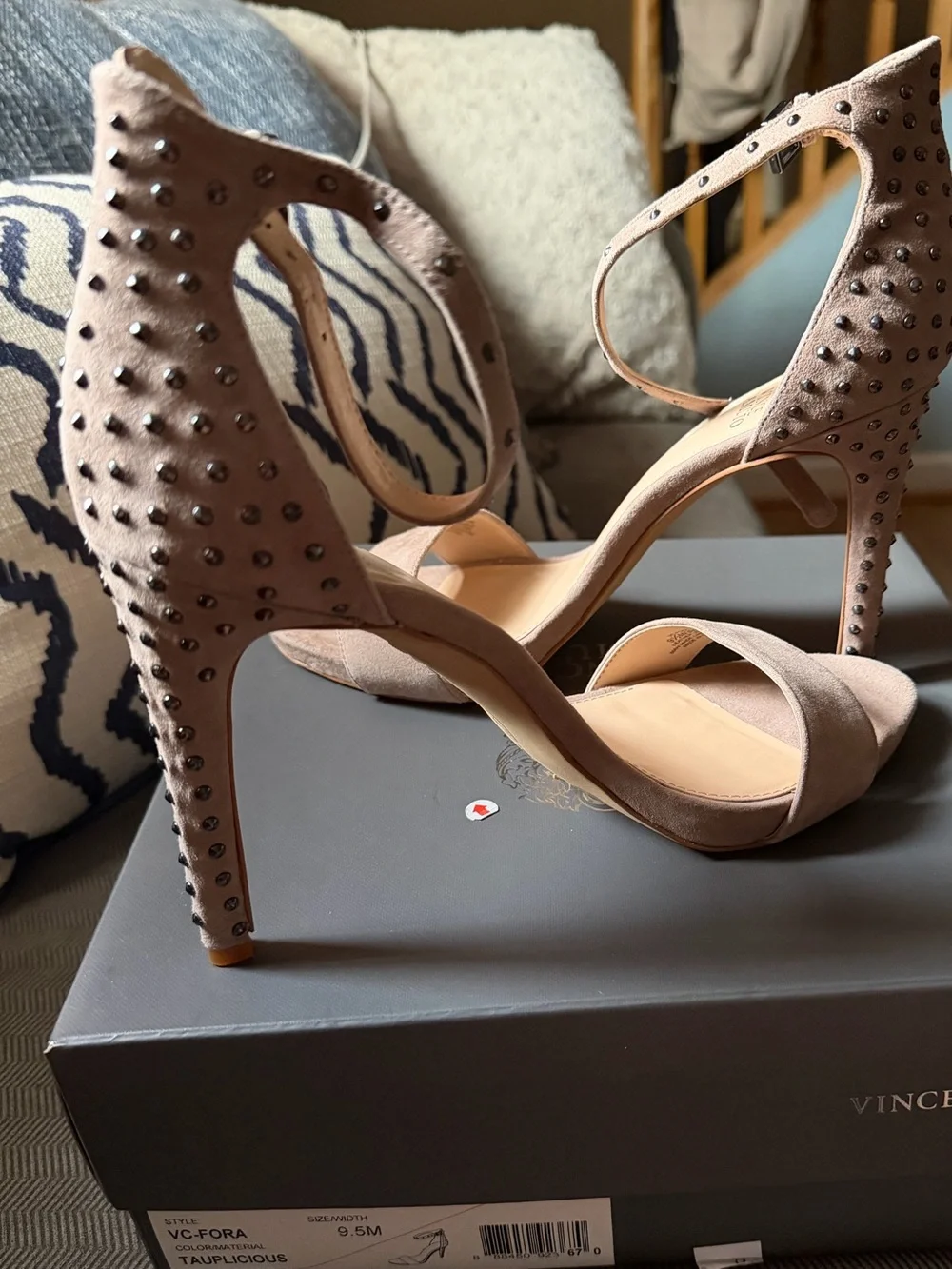 Vince Camuto Taupe Suede Studded Ankle-Strap Heels